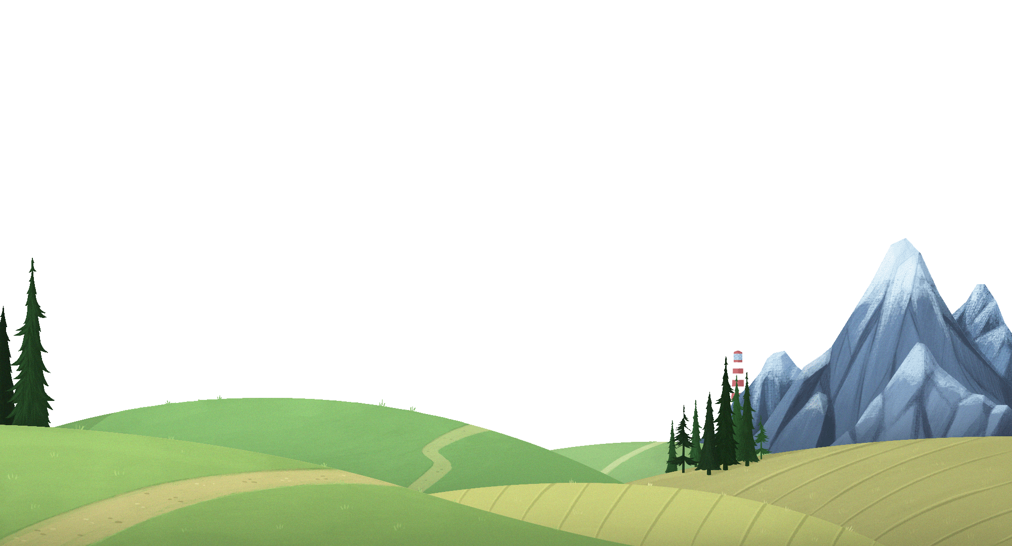 Illustration of a rural landscape with green hills
