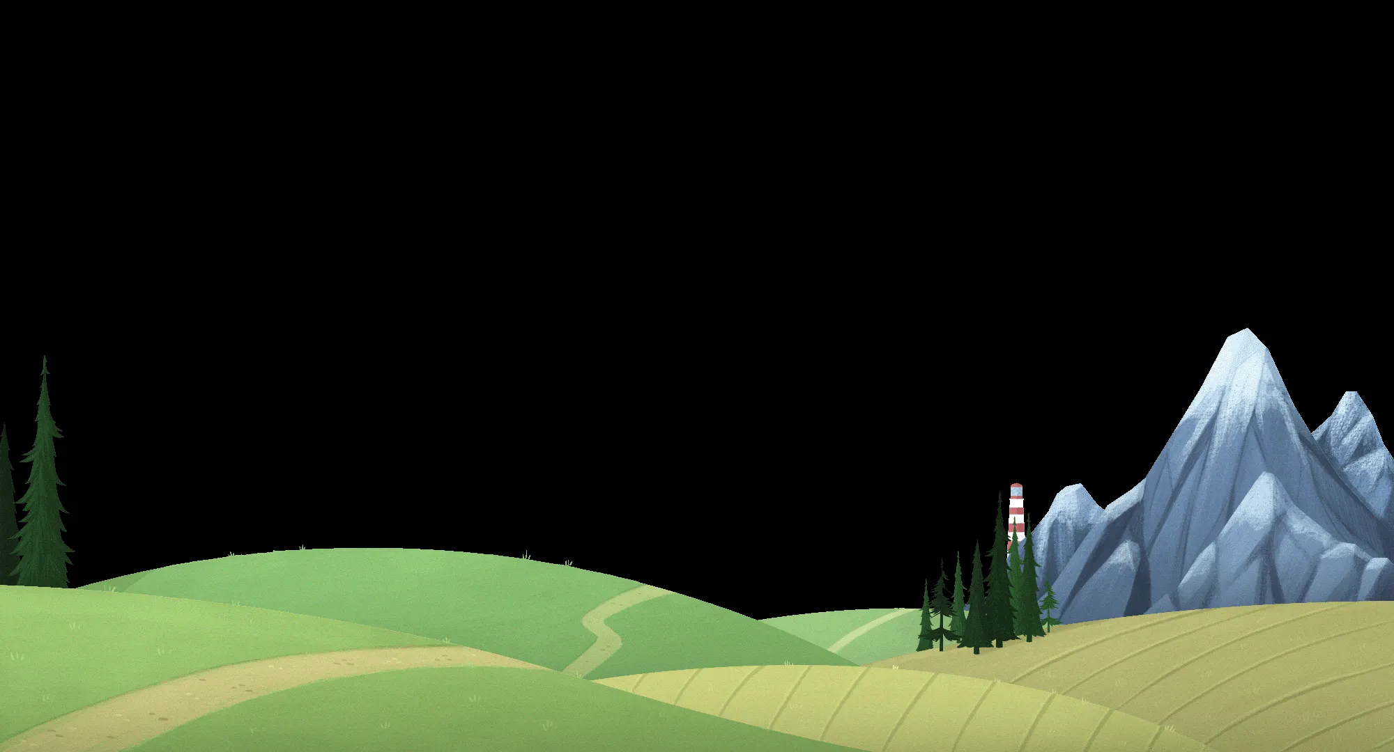 Illustration of a rural landscape with green hills