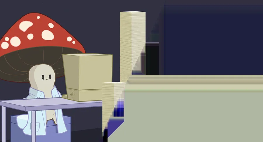 Cartoon character with a mushroom head sitting at a desk looking at a computer
