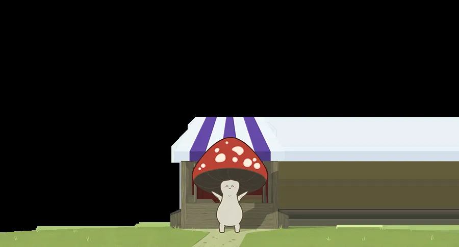 Cute mushroom-shaped house with a red cap and white spots