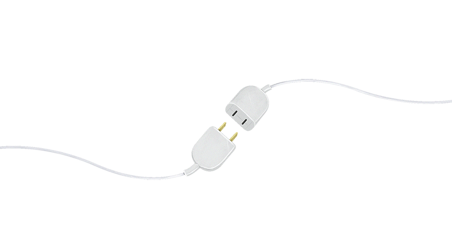 A white electrical cord with a broken connection